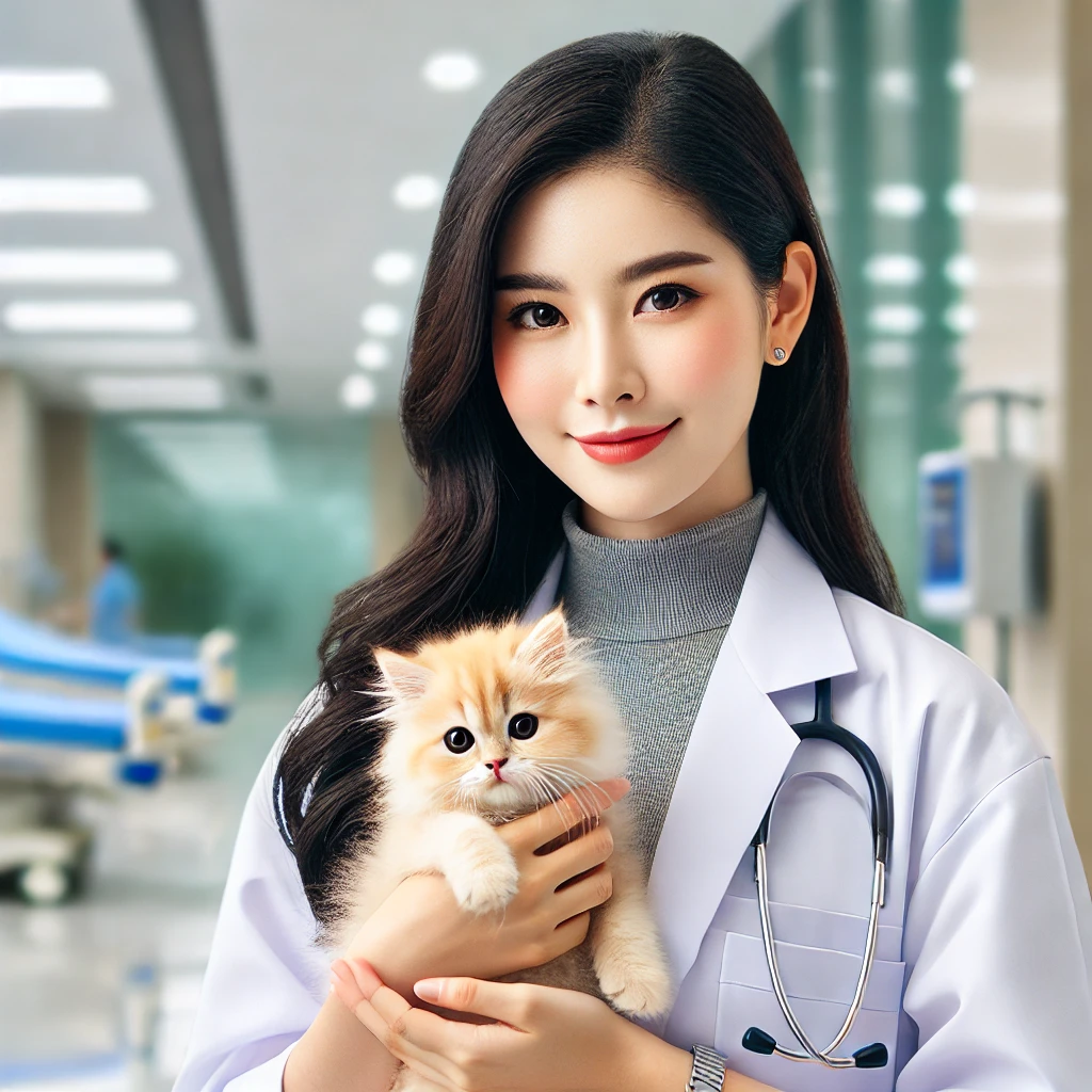 A competent Asian physician with a stethoscope holding an adorable kitten